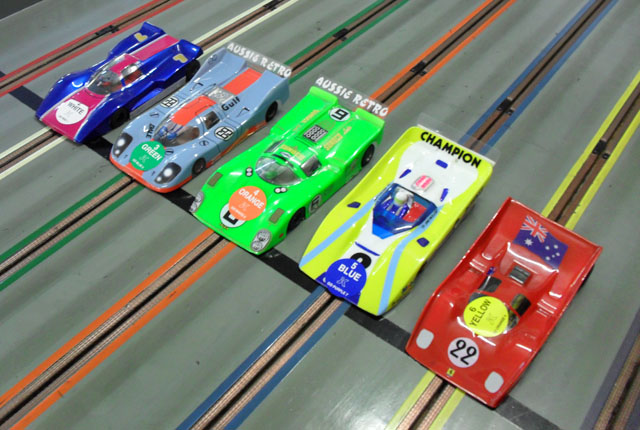 Now here's some variety for you!!,..lol<br />cars at the start of Heat 1;<br />My New Chevron, Dale's usual &quot;Gulf&quot; Porka, Cody, Neil's and Jacco's ,..Interesting Ferrari ??,..lol